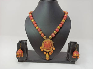 Terracotta Medium Necklace Set With Hangings-Golden Pink