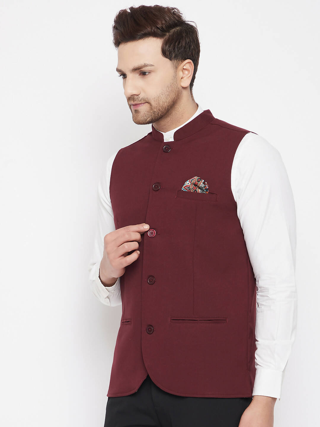Even Apparels Maroon Merino Men's Nehru Jacket-Contrast Lining-Inbuilt Pocket Square - Distacart