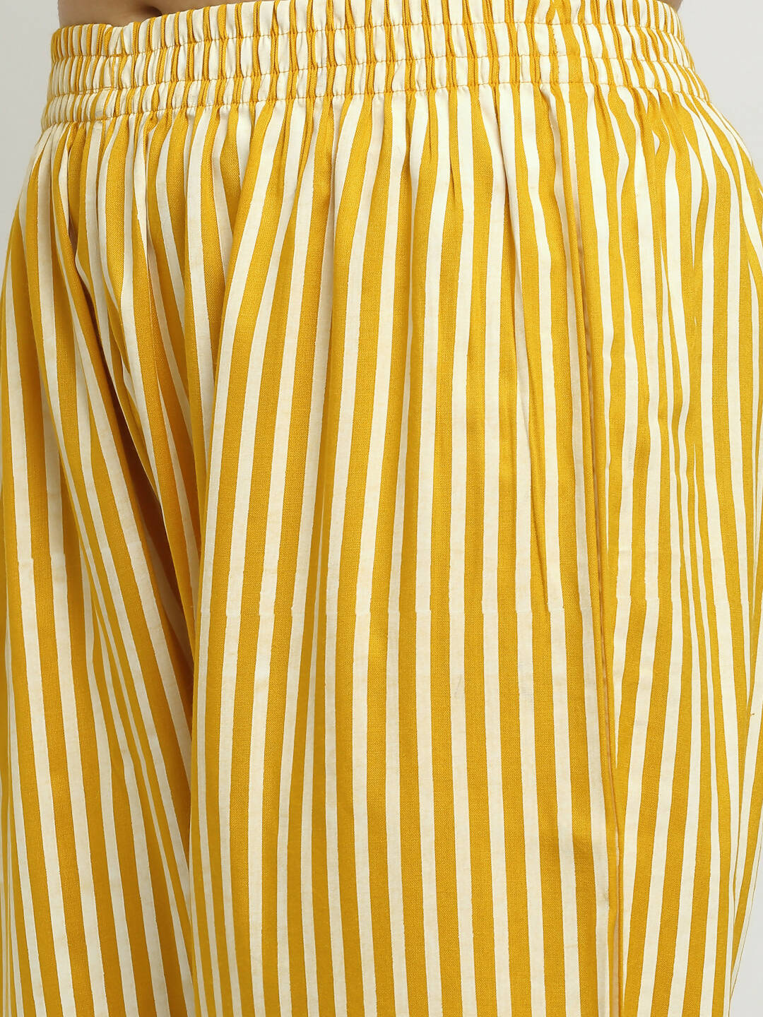 Rudra Bazaar Mustard Printed Bell Sleeve Straight Kurta with Striped Pyjamas - Distacart