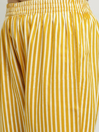 Thumbnail for Rudra Bazaar Mustard Printed Bell Sleeve Straight Kurta with Striped Pyjamas - Distacart