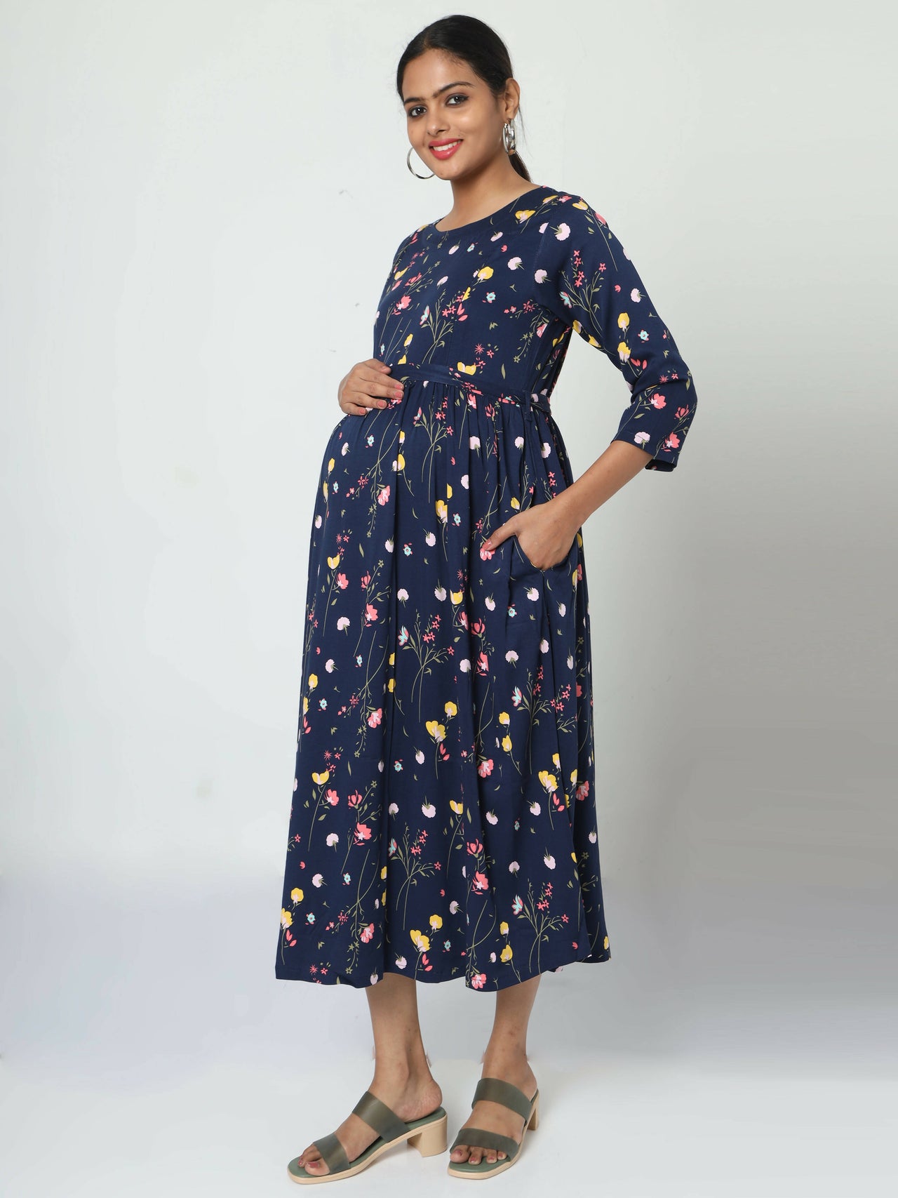 Manet Three Fourth Maternity Dress Floral Print With Concealed Zipper Nursing Access - Navy Blue - Distacart