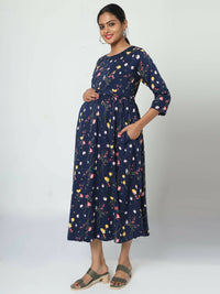 Thumbnail for Manet Three Fourth Maternity Dress Floral Print With Concealed Zipper Nursing Access - Navy Blue - Distacart