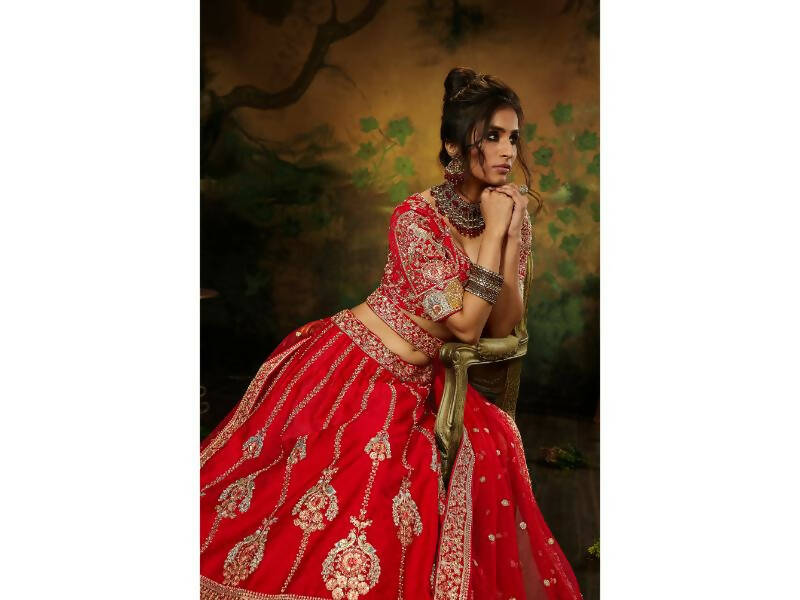 House of Panchhi Red Pure Silk Moti & Zarkan heavy embroidery Lehenga choli & Dupatta - Distacart