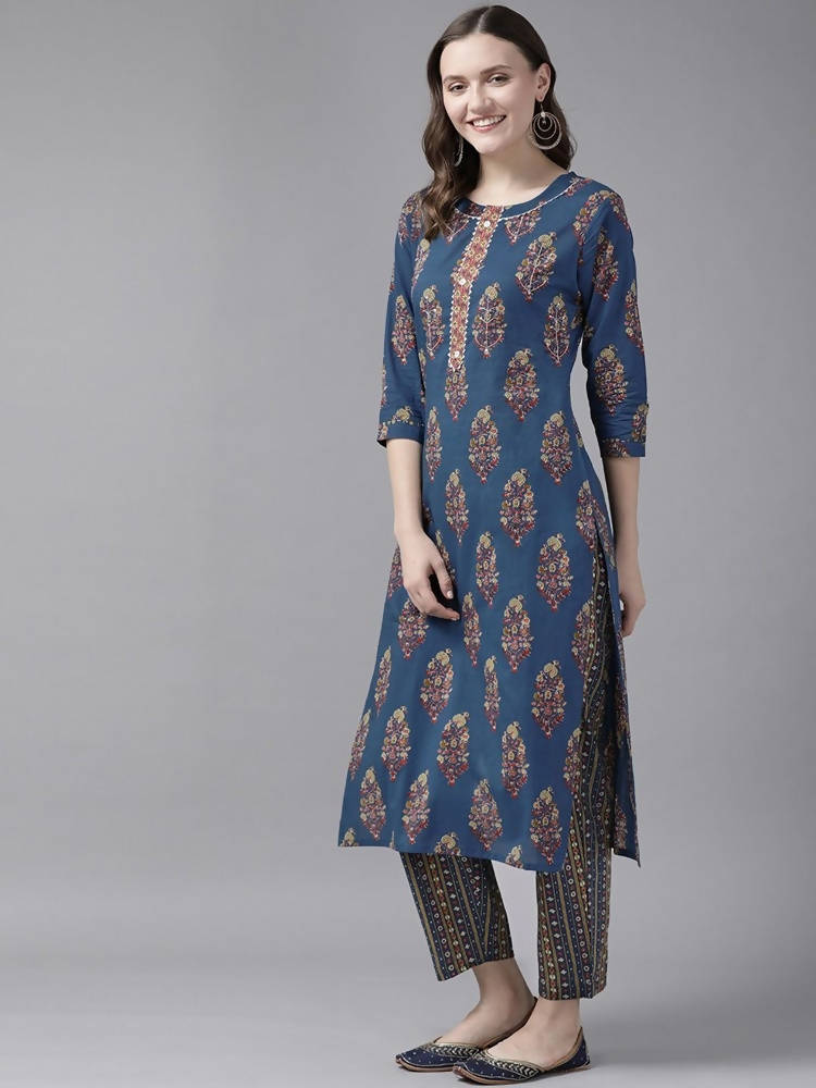 Yufta Women Blue and Red Ethnic Motifs Pure Cotton Kurta with Trouser and Dupatta