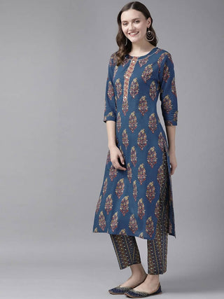Yufta Women Blue and Red Ethnic Motifs Pure Cotton Kurta with Trouser and Dupatta