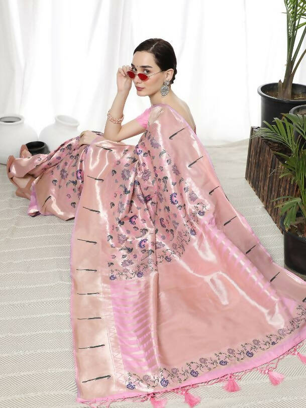 Vishnu Weaves Women's Baby Pink Paithani Silk Zari Woven Saree with Unstitched Blouse - Distacart