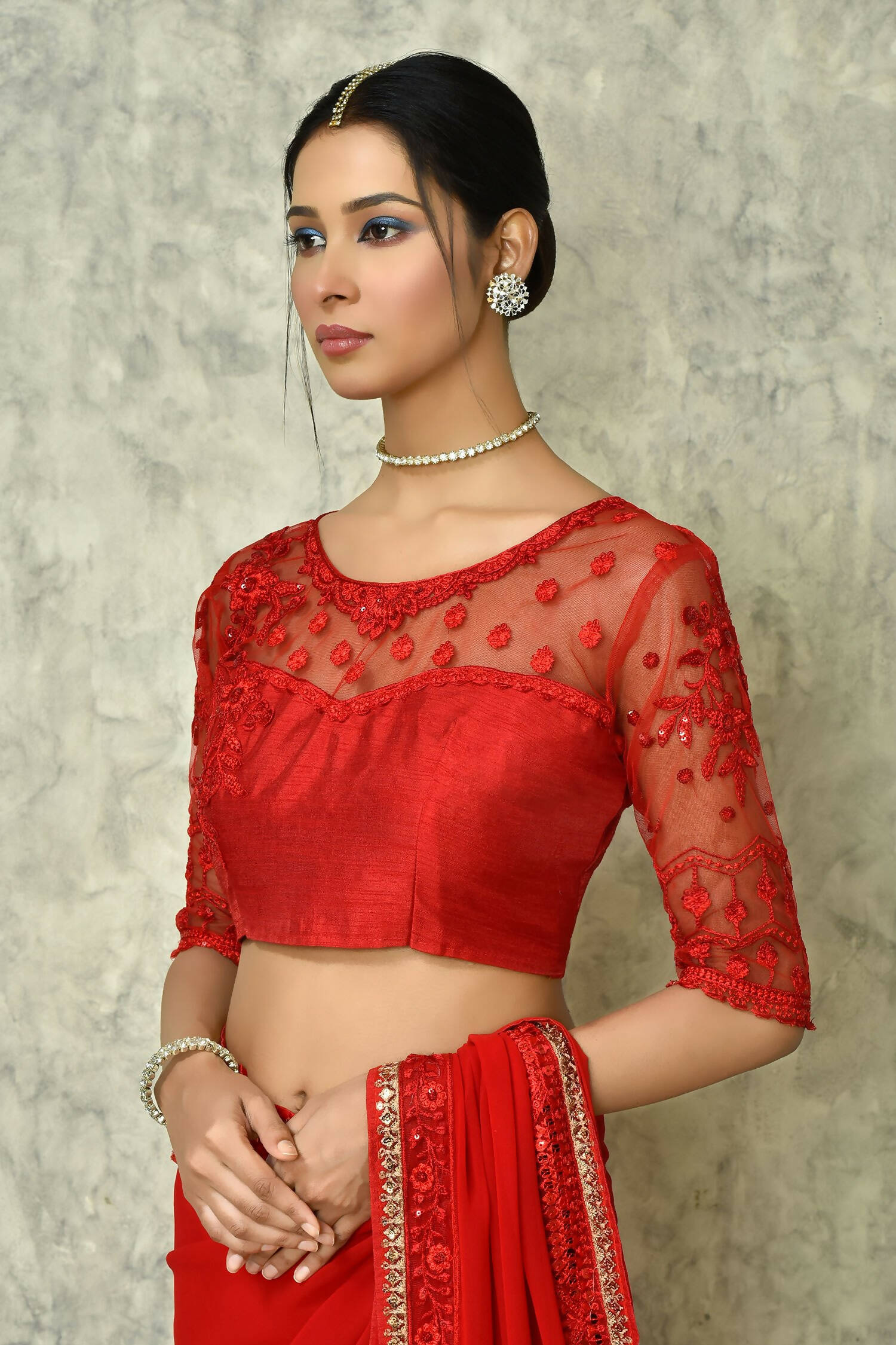 Red Georgette Plain Saree with Blouse Piece - Purvi - Distacart