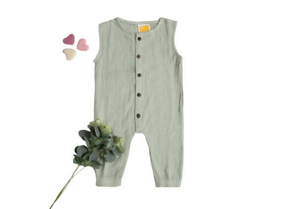 Sunshine Baby Cute Organic Muslin Cotton Sleeveless Full Length Rompers For Babies - Greenish Grey - Distacart