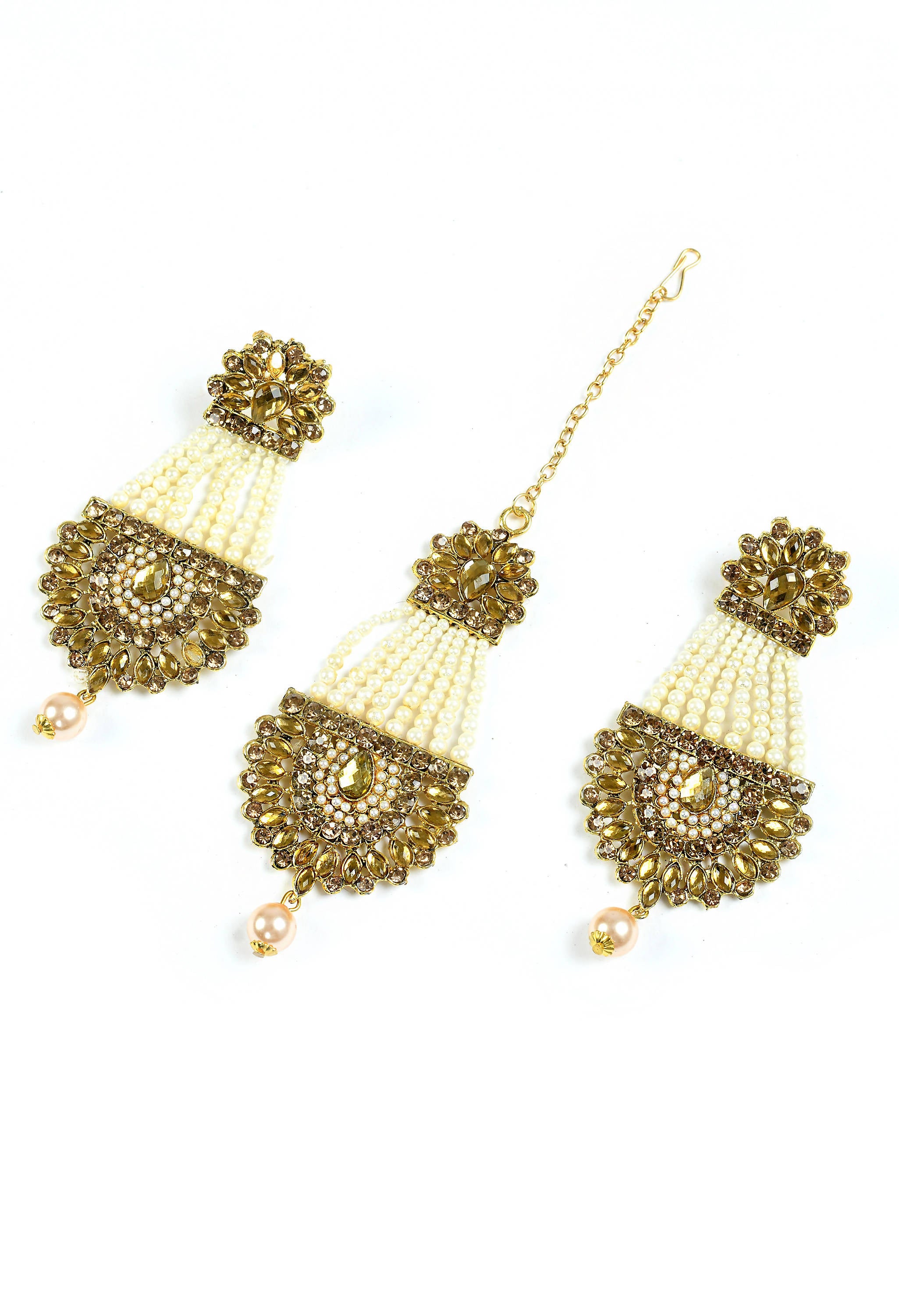 Mominos Fashion Johar Kamal Golden Kundan & Pearls Earrings With Tikka - Distacart