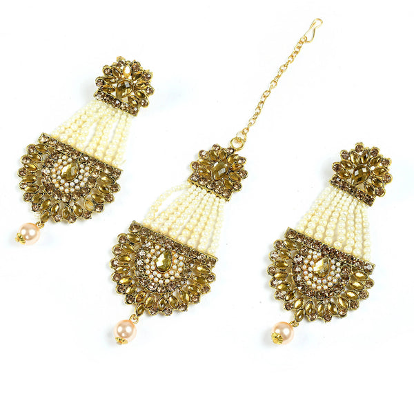 Mominos Fashion Johar Kamal Golden Kundan & Pearls Earrings With Tikka - Distacart