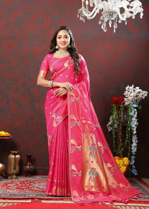 Lorenvalley Fashion Pink Soft Paithani Silk Woven Design Copper Zari Meenakari Weaving Saree - Distacart