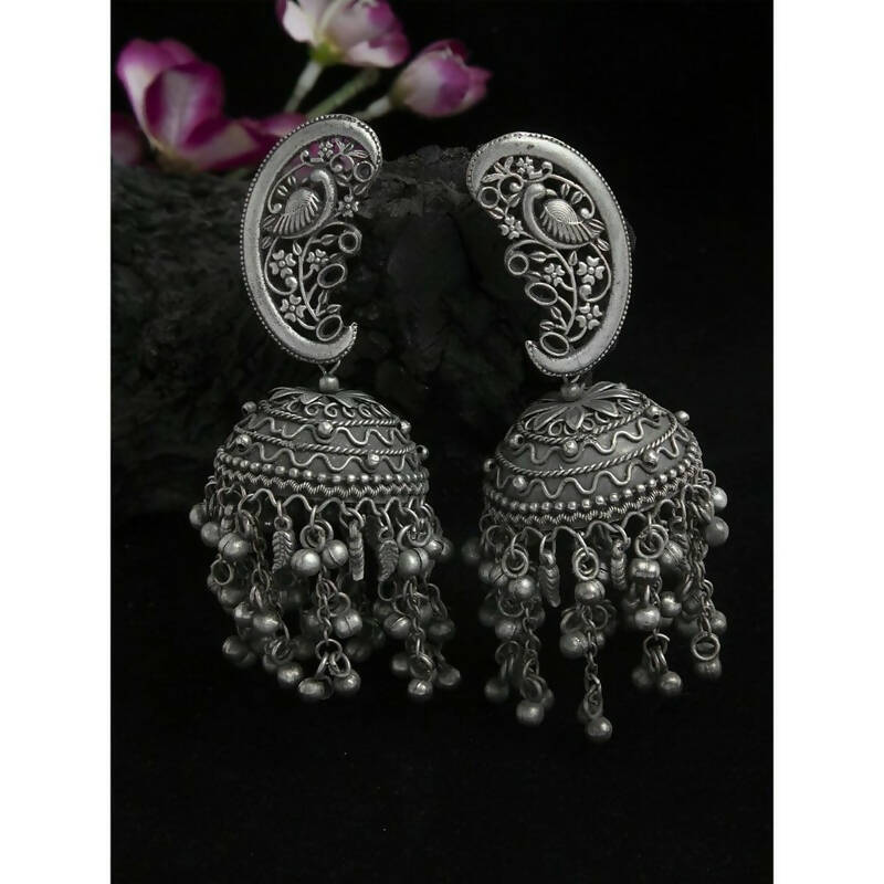 Peacock Shaped Tribal Design Oxidised Silver Plated Chandelier Jhumkas (VMC-PCK1) By House of Ree - Distacart