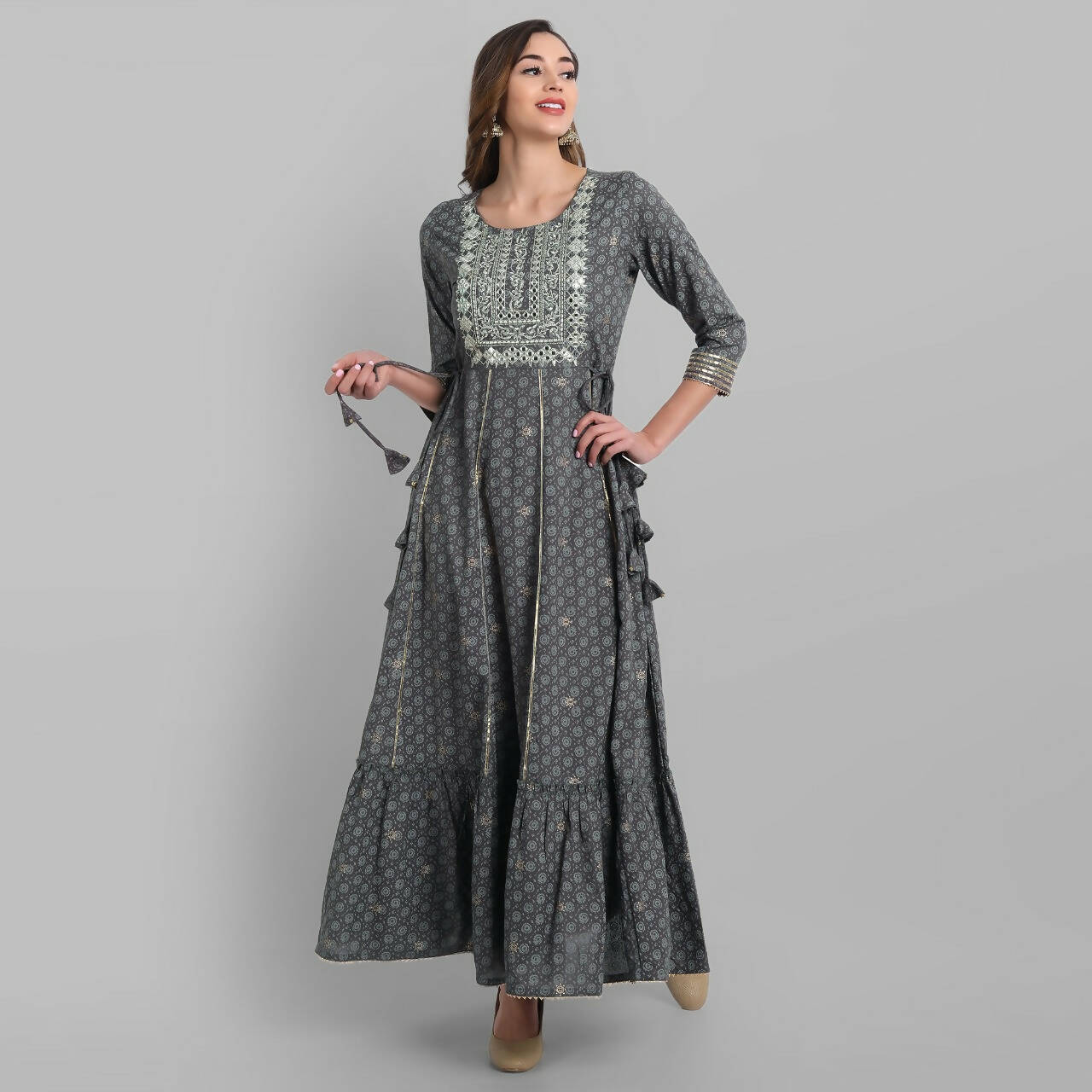 Juniper Grey Rayon Festive Wear Embroidered Tiered Long Dress - Distacart