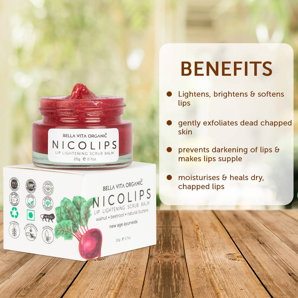 Bella Vita Organic NicoLips Lip Lightening Scrub Balm benefits