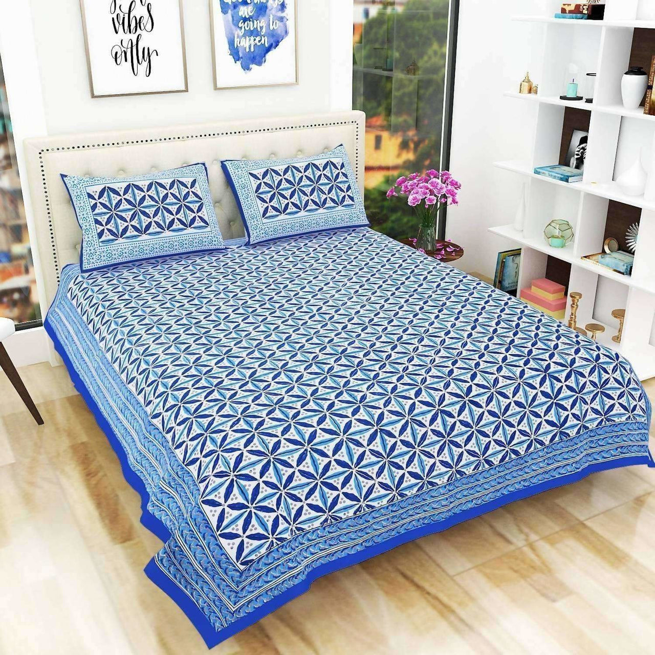 Premium Hand Printed Rajasthani Traditional Double/Queen Bedsheet with 2 Pillow Covers - Distacart
