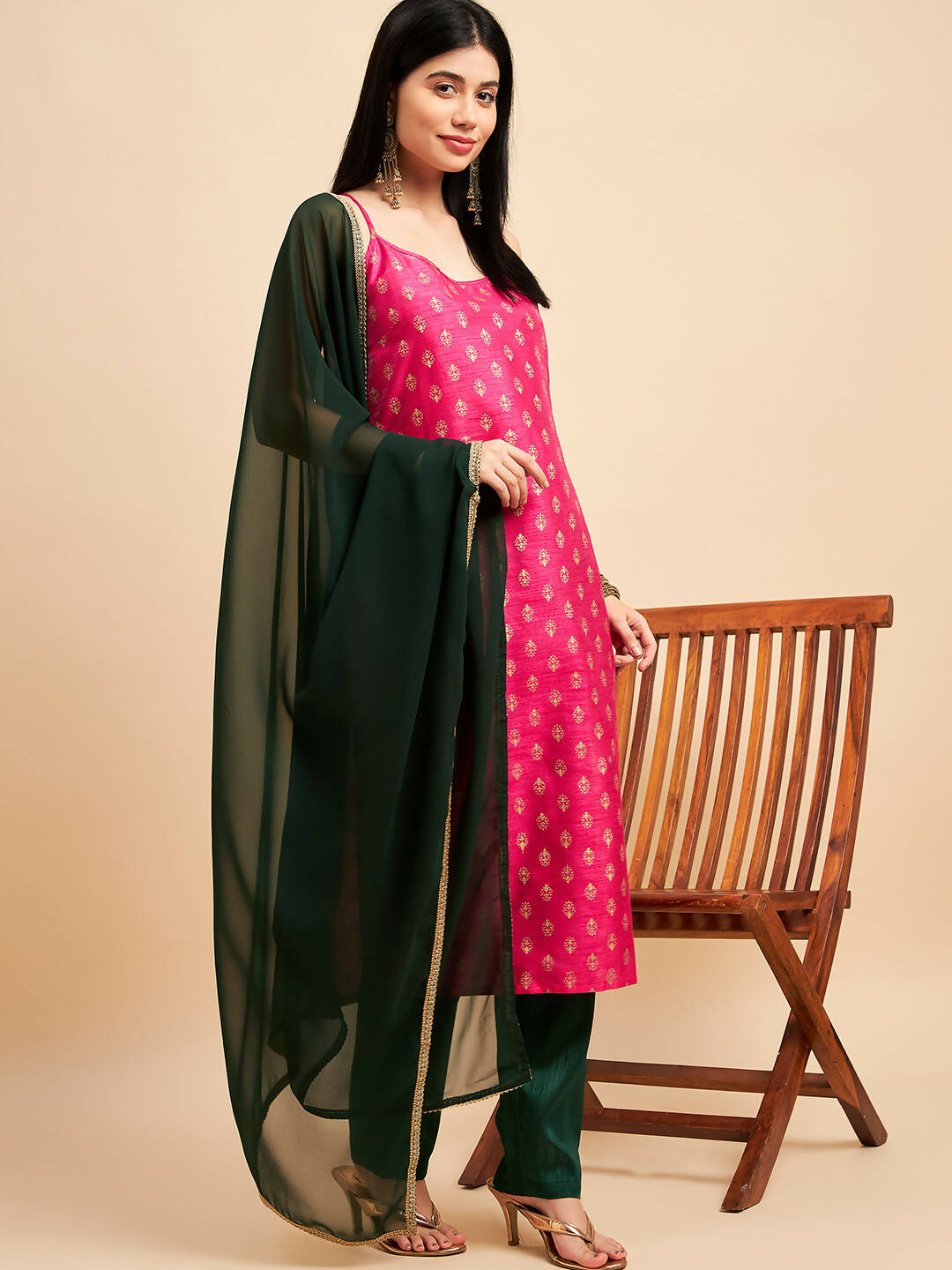 Magenta Pink and Green Polyester Printed Kurta with Trousers & Dupatta - Vishwa - Distacart