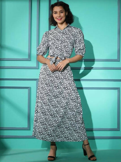 White Crepe Geometric Printed Top with Matching Skirt - Shivani - Distacart