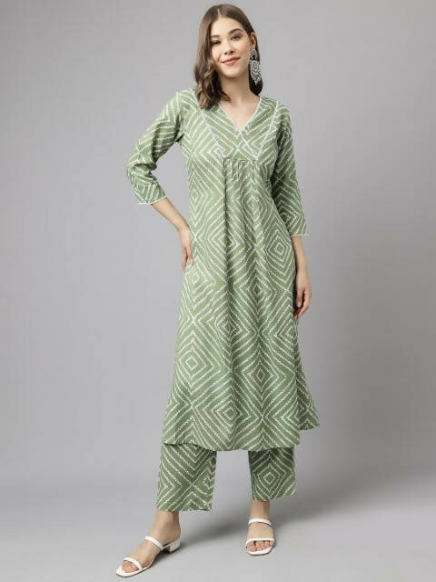 FIORRA Women's Green Cotton A-Line Kurta Set - Distacart
