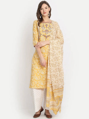 Anubhutee Yellow Ethnic Motifs Printed Panelled Pure Cotton Kurta with Salwar & With Dupatta - Distacart