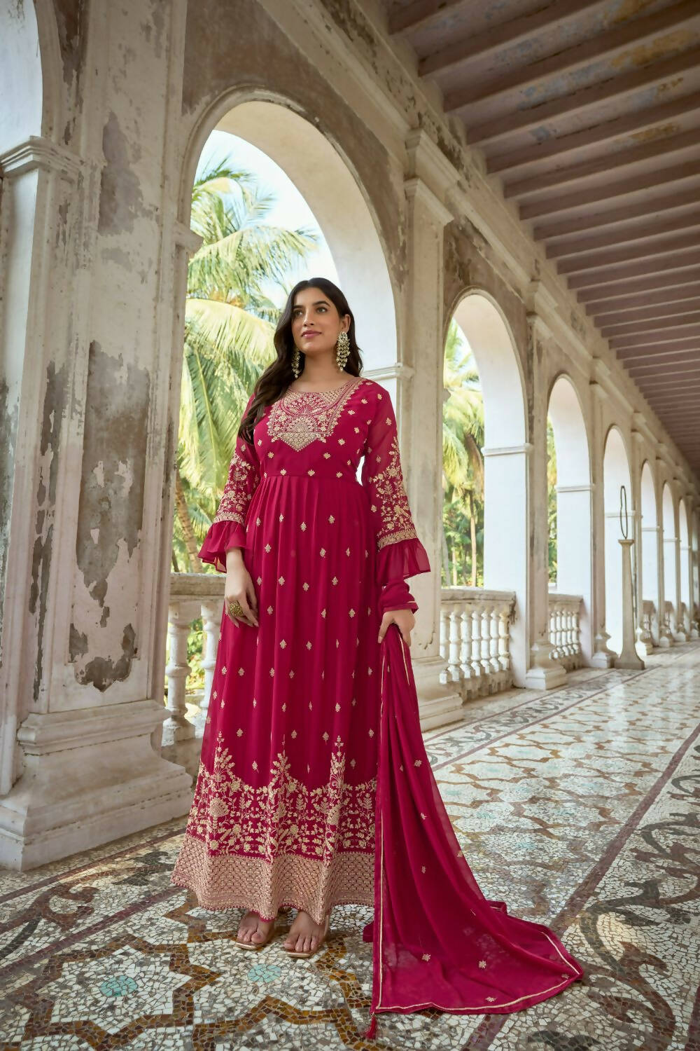 Pink Heavy Faux Georgette Anarkali Embroidered Kurta Set - Dhvani - Distacart