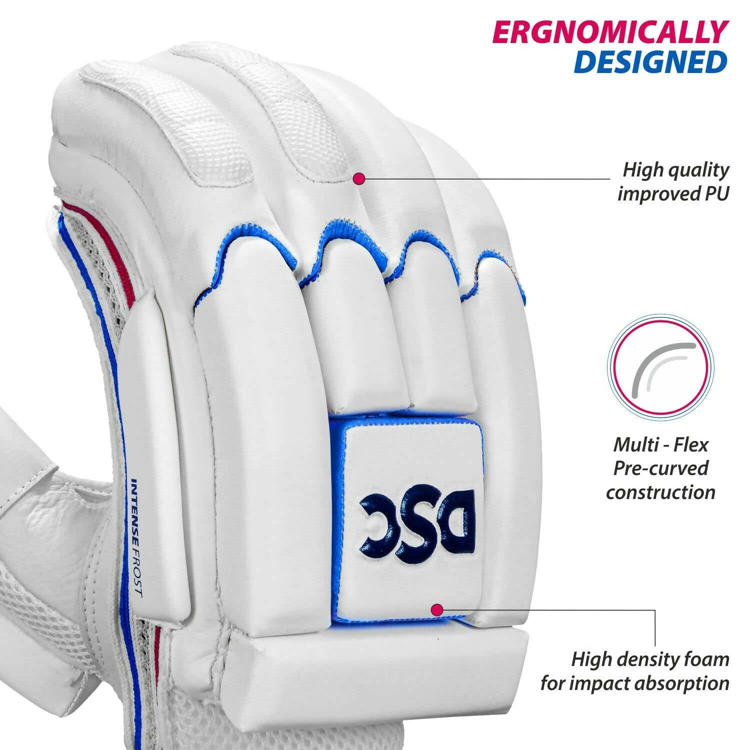 DSC Intense Frost Leather Cricket Batting Gloves for Mens - Right Hand, White, One Size - Distacart