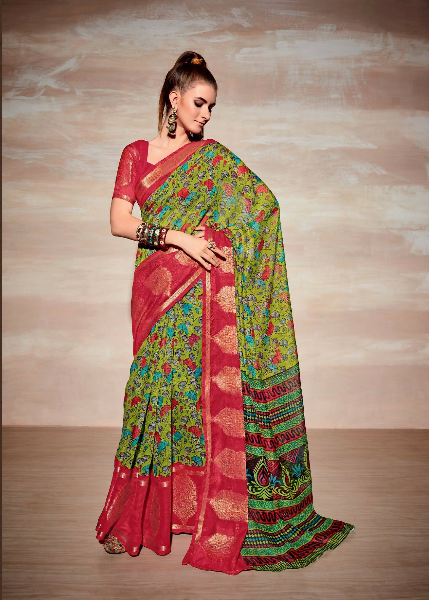 Green Cotton Floral Printed Saree With Unstitched Blouse Piece - Kathika - Distacart