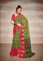 Thumbnail for Green Cotton Floral Printed Saree With Unstitched Blouse Piece - Kathika - Distacart