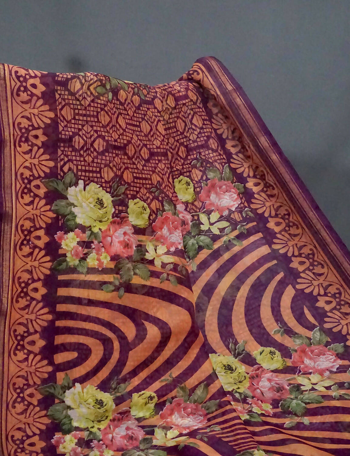 Shades Of Burgundy Floral Design Semi Chanderi Saree By Gayathri Reddy Designer Studio - Distacart