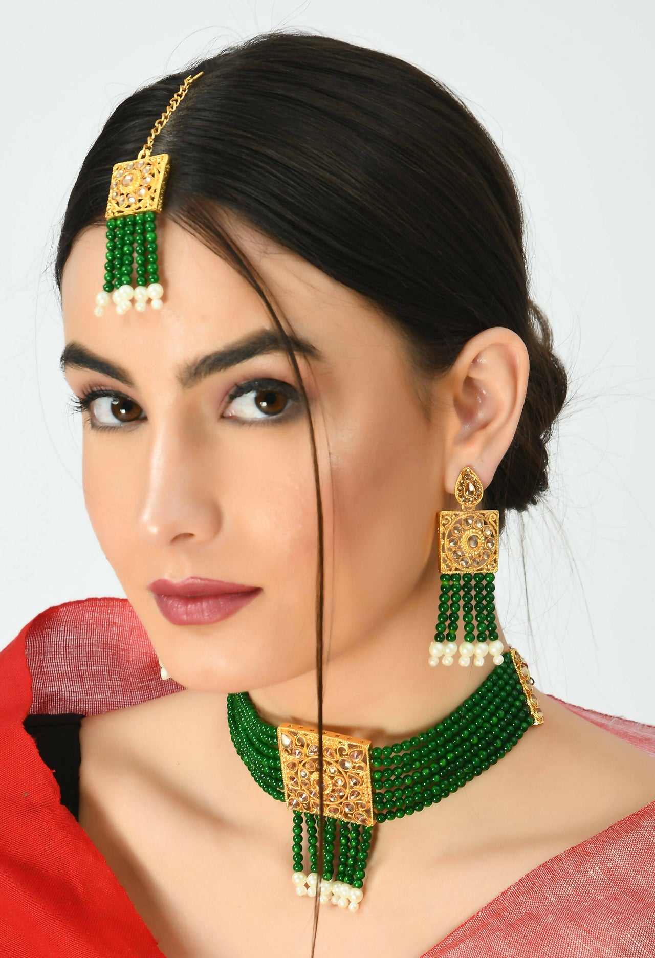Mominos Fashion Johar Kamal Gold-Plated Kundan & Pearls Necklace Green/Golden Color Choker Set - Distacart