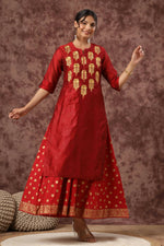 Thumbnail for Juniper Women Maroon Chanderi Silk Embroidered & Printed Layered Dress - Distacart