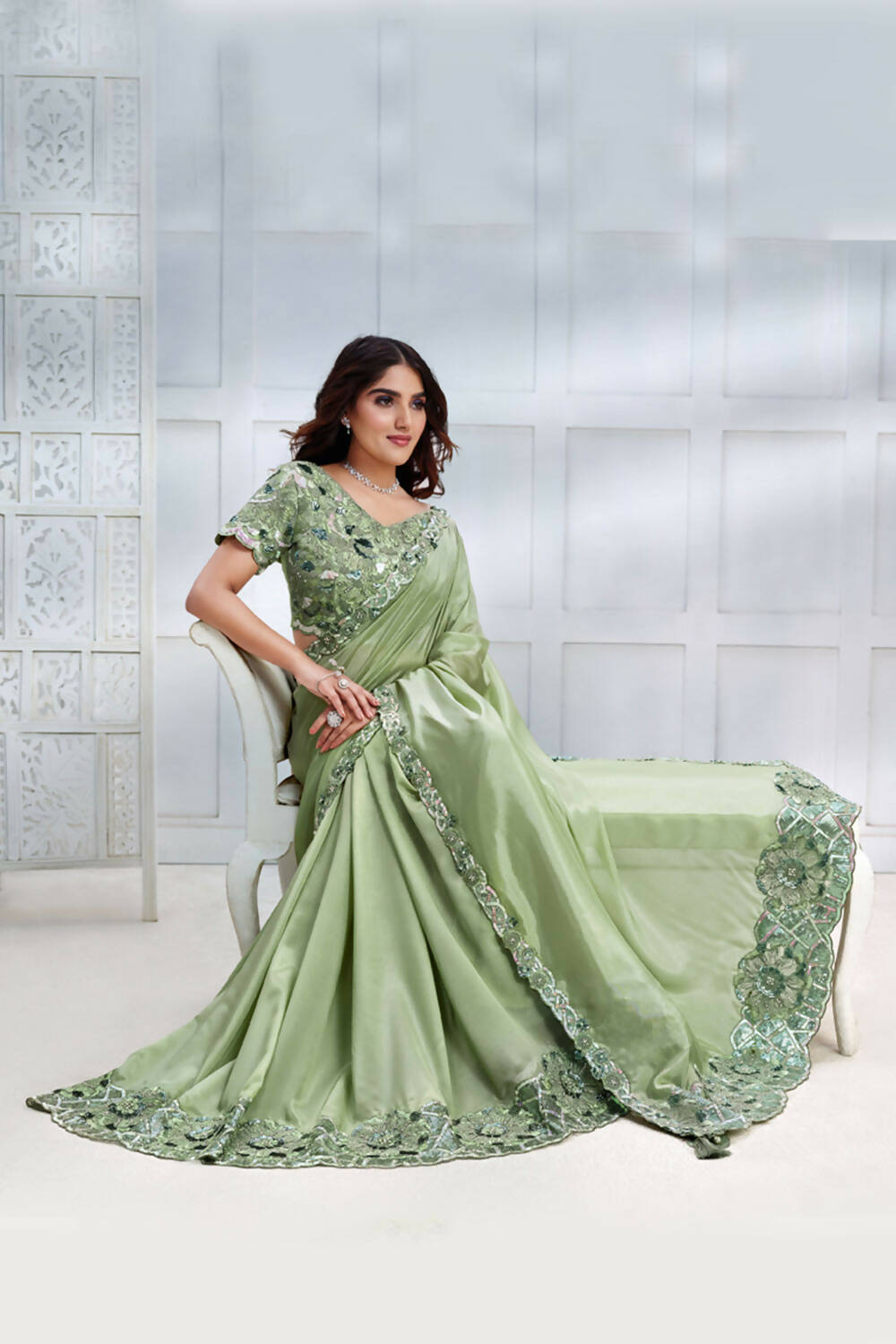 Pista Green Tusser Silk Cord & Sequence Embroidered with Stone work Saree - Mohmanthan Majestica - Distacart