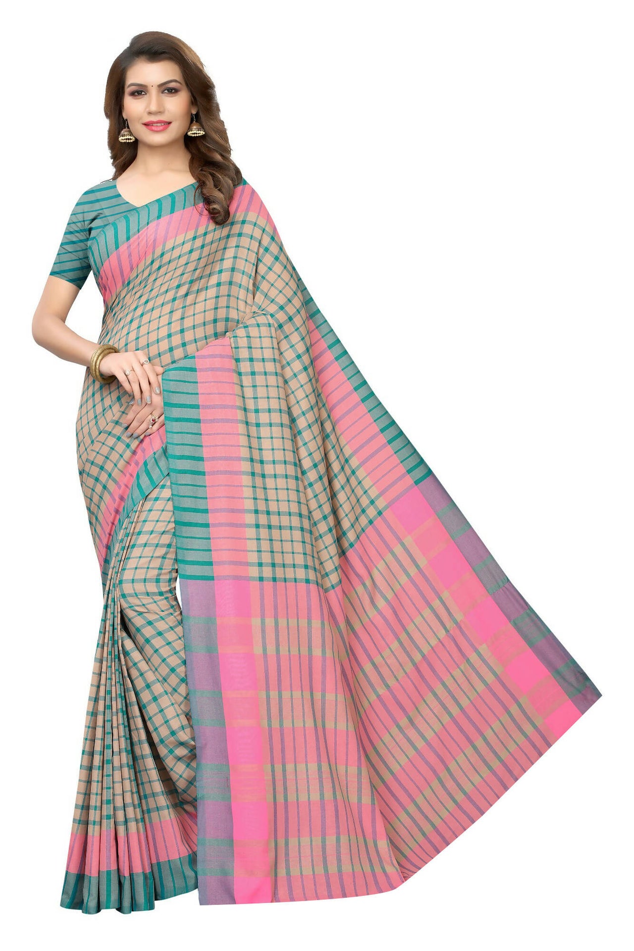 Vamika Cream Cotton Silk Weaving Saree (Terra Checks Rama) - Distacart