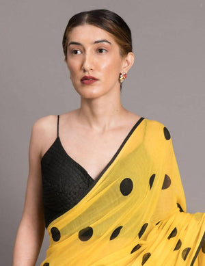 Suta Yellow and Black Polka Printed Pure Cotton Saree - Distacart