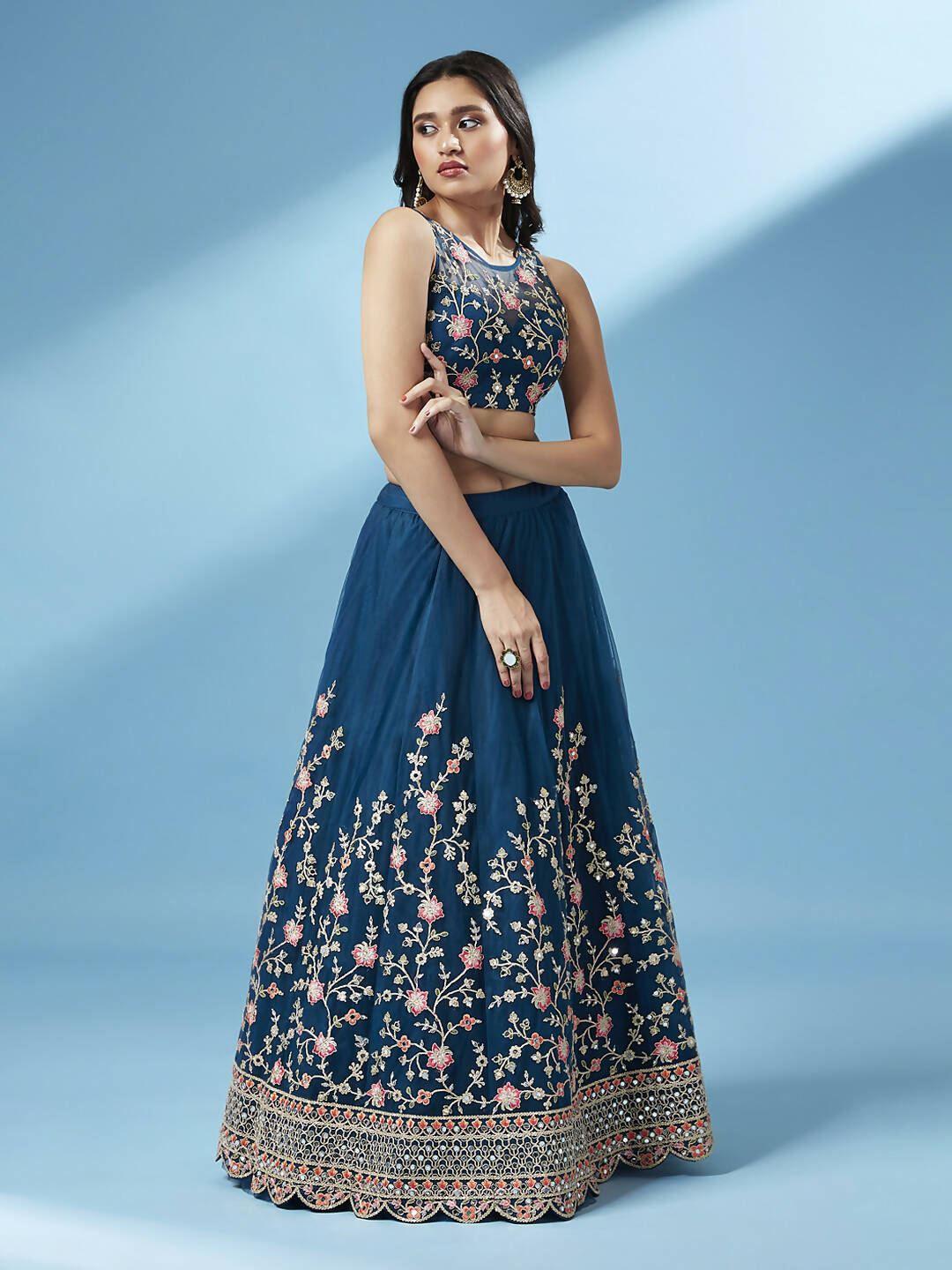 House of Panchhi Teal Net Semi stitched Coding and Mirror Work Lehenga Choli - Distacart