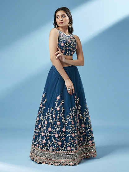 House of Panchhi Teal Net Semi stitched Coding and Mirror Work Lehenga Choli - Distacart