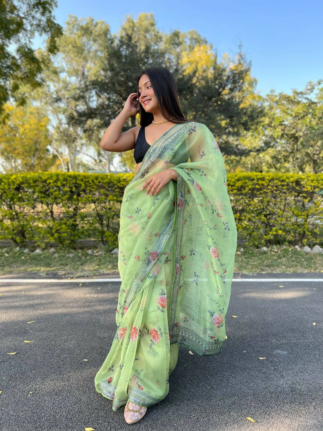 Vamsee Green Organza Saree - Distacart