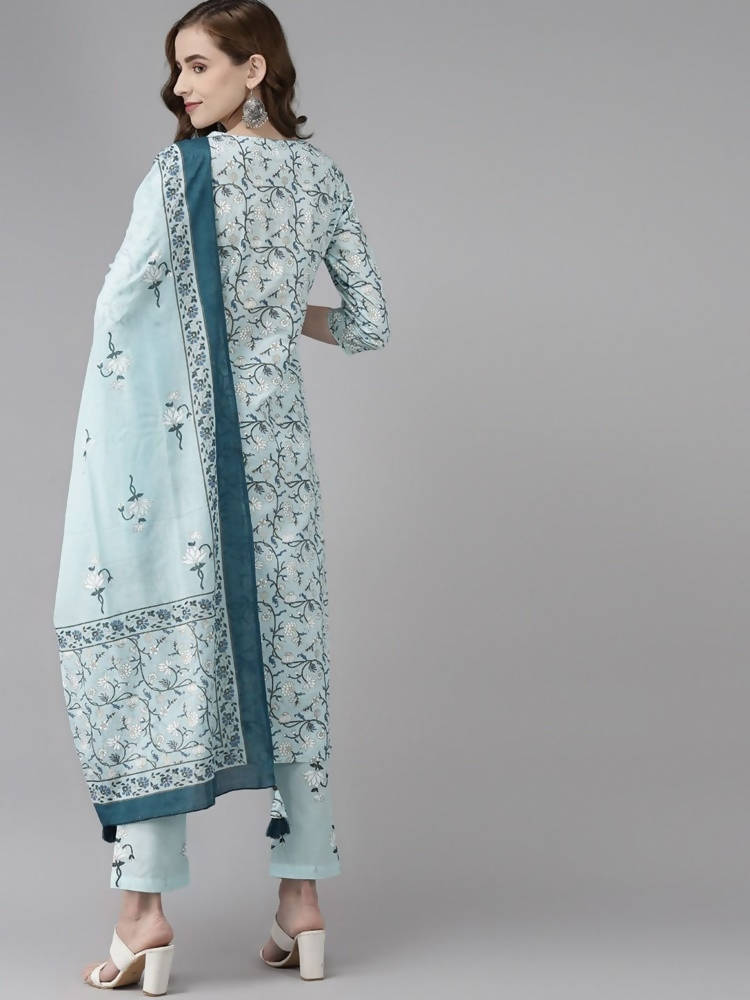 Yufta Women Blue & White Floral Printed Pure Cotton Kurta with Trouser & Dupatta
