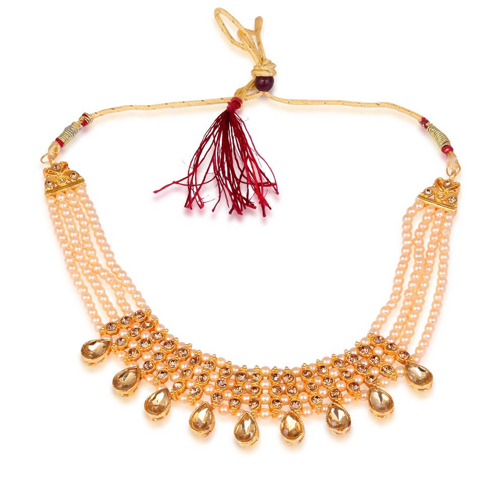 Tehzeeb Creations Golden Plated Necklace With Stone And Pearl Studded