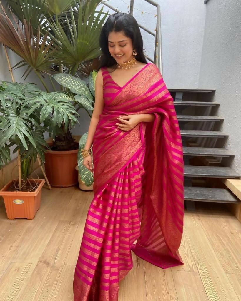 DEIANA'S Beautiful Golden Jari with New Design Soft Lichi Silk Saree - Pink - Distacart