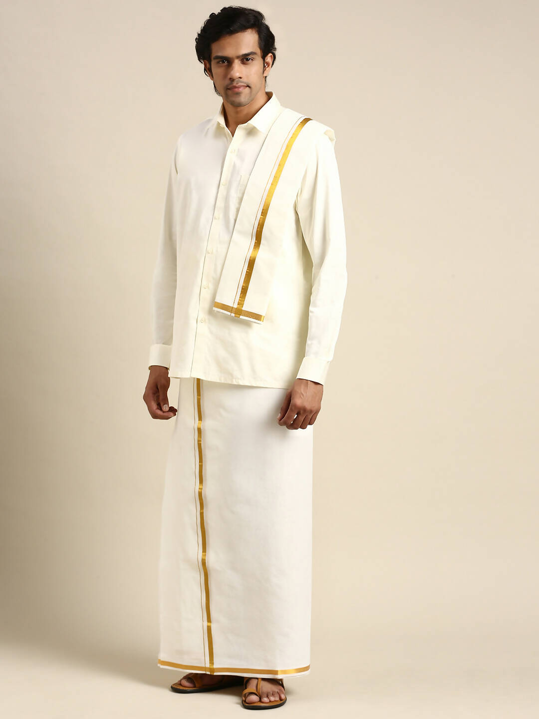 Ramraj Cotton Premium Wedding Cream Regular Dhoti, Shirt & Towel Set Golden Reward - Distacart