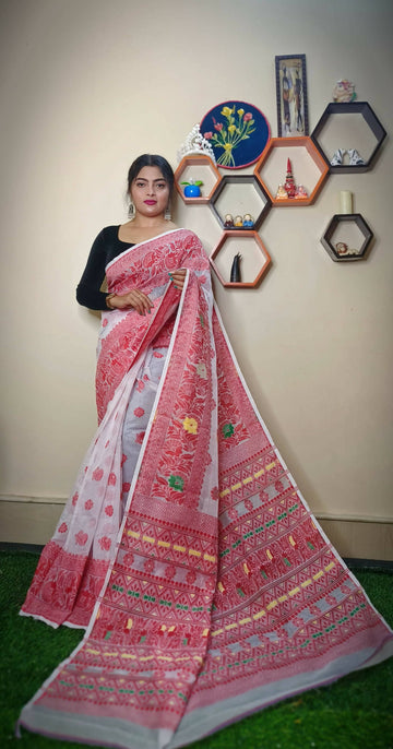 Exclusive Collection Handloom Dhakai Jamdani Saree - White & Red - Distacart
