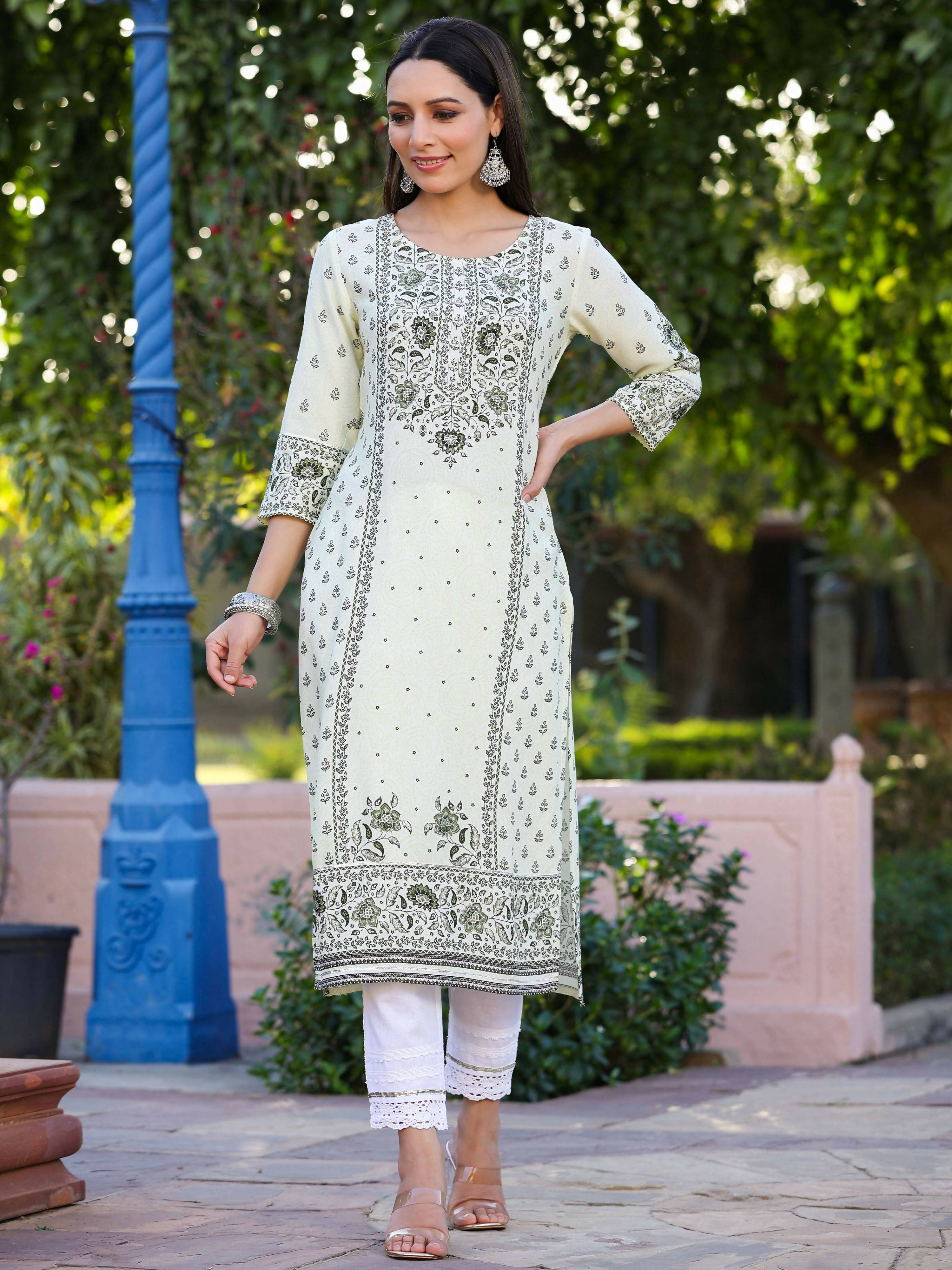 Juniper Women's Green Rayon Staple Kalamkari Floral Placement Printed Kurta - Distacart