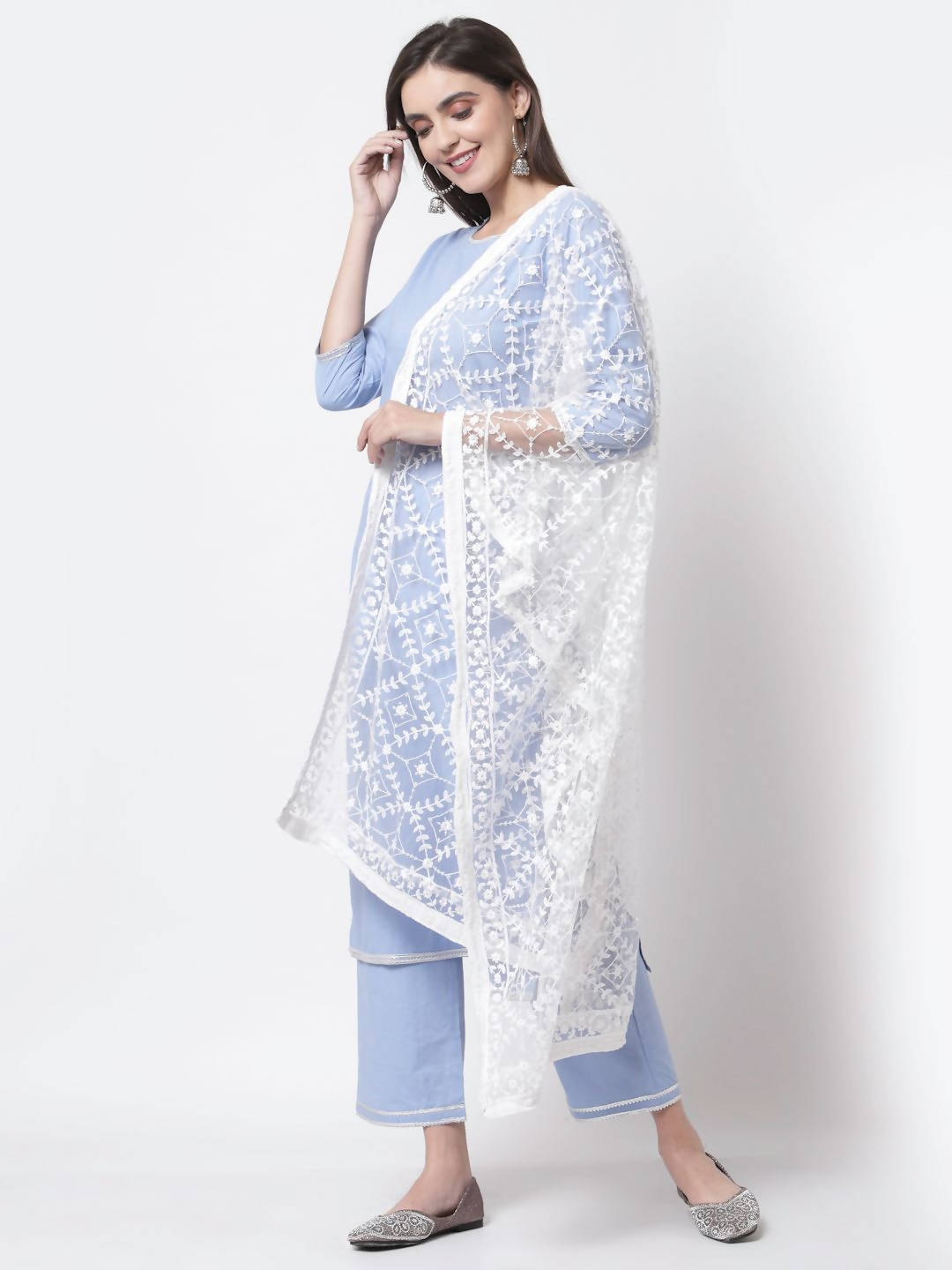 Myshka Blue Cotton 3/4 Sleeve Round Neck Solid Casual Kurta Pant Dupatta Set