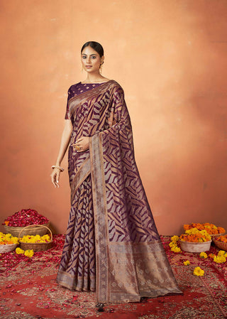 Maroon Organza Silk Woven Design Saree With Unstitched Blouse Piece - Norita Royal Pradha - Distacart