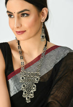 Thumbnail for Mominos Fashion Johar Kamal Oxidised Silver-Plated Brass Finish Black Kundan Afghani Long Necklace For Women - Distacart