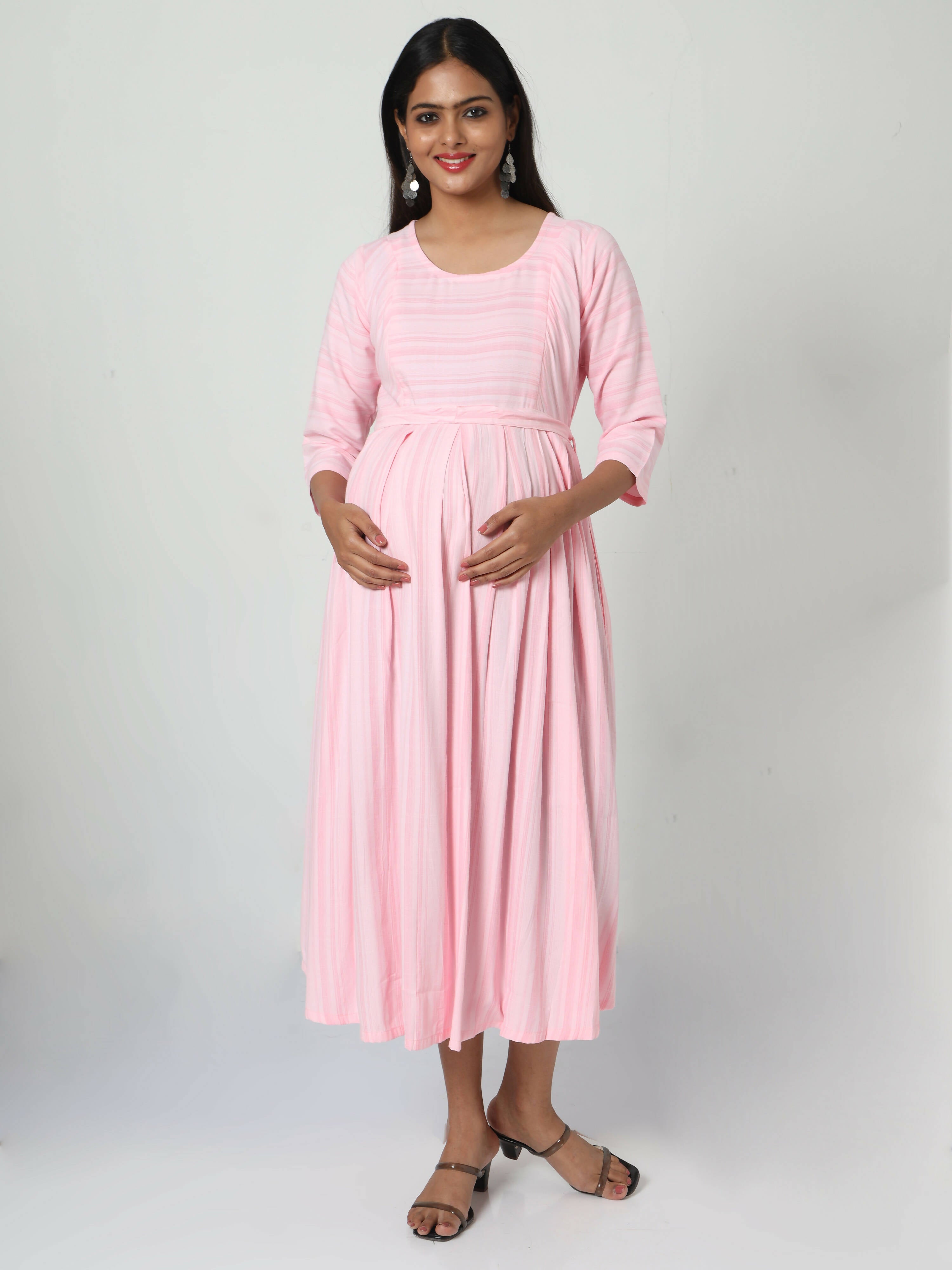 Manet Three Fourth Maternity Dress Striped With Concealed Zipper Nursing Access - Pink - Distacart