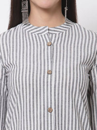 Thumbnail for Myshka Women's Grey Cotton Stripe Pattern 3/4 Sleeve Round Neck Grey Kurti
