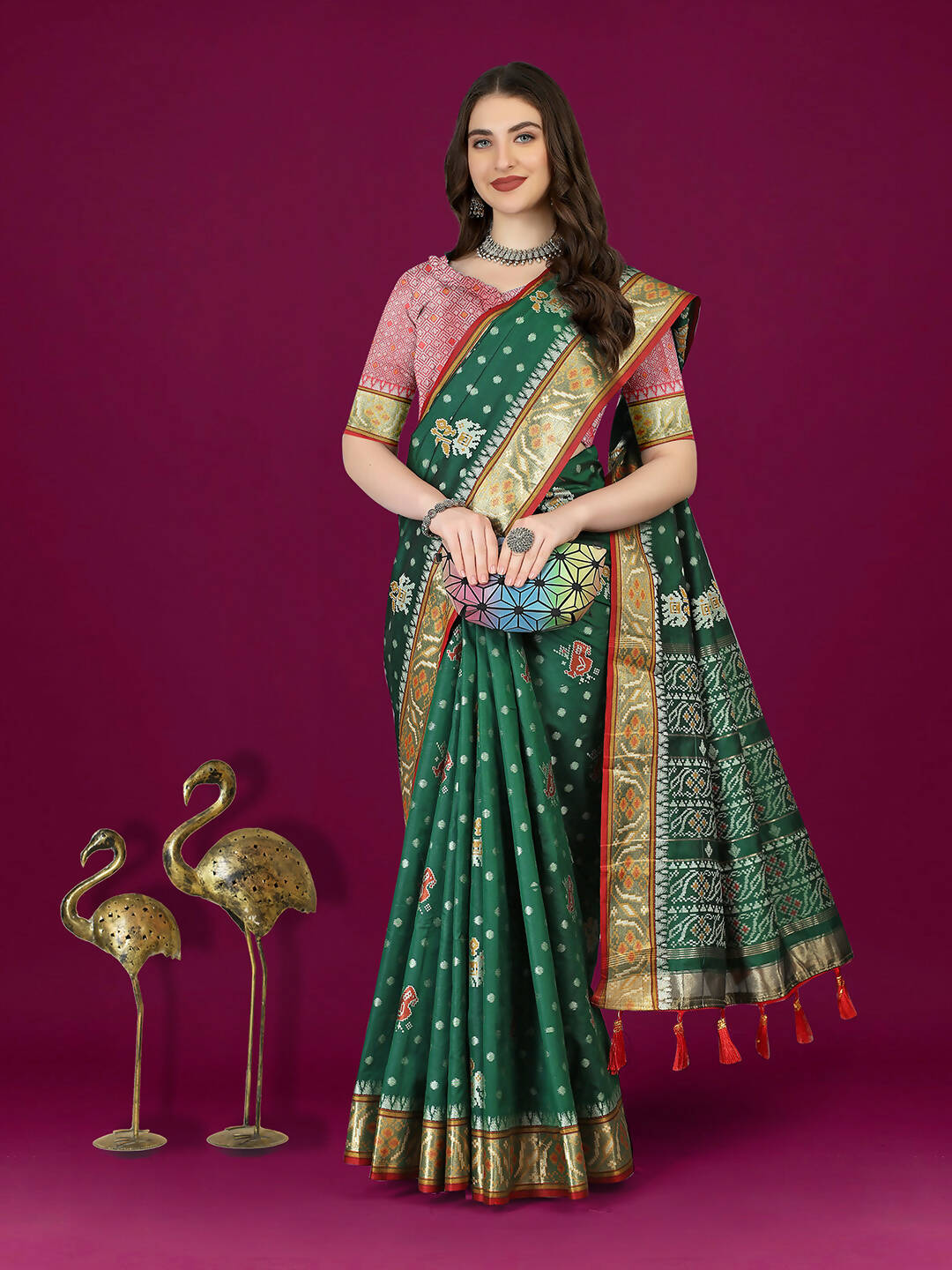 Lorenvalley Fashion Green Patola Silk Woven Design Zari Meenakari Weaving Saree - Distacart