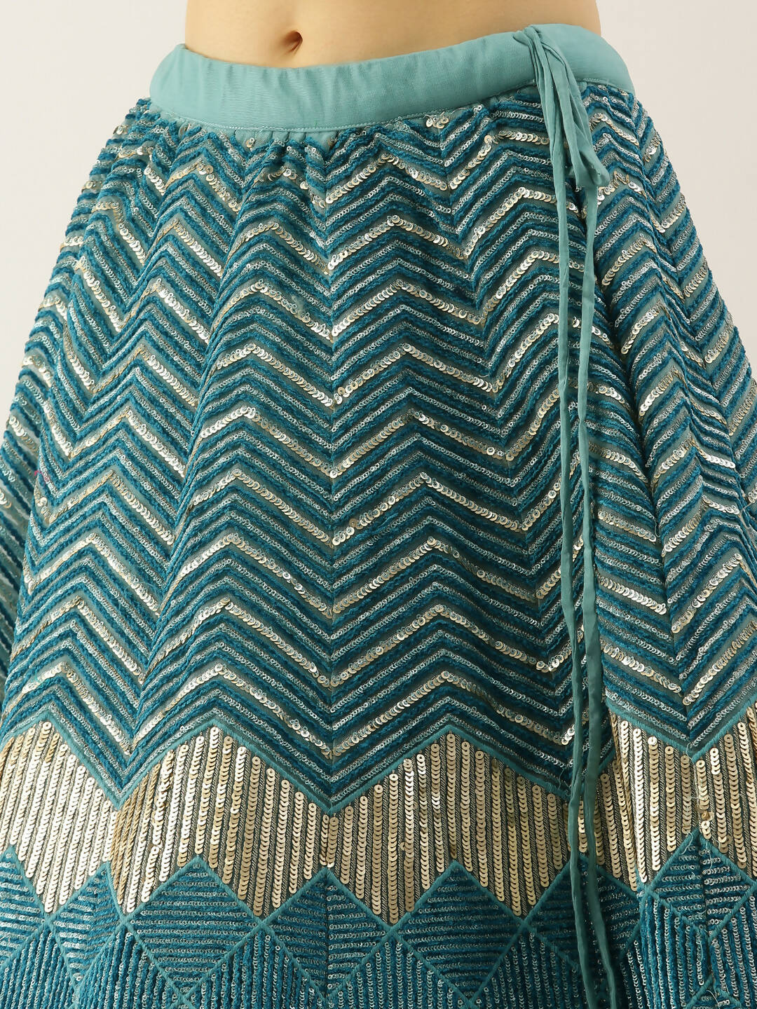House of Panchhi Women Sea Green Net Zig-Zag Embroideried Lehenga, Blouse & Dupatta - Distacart