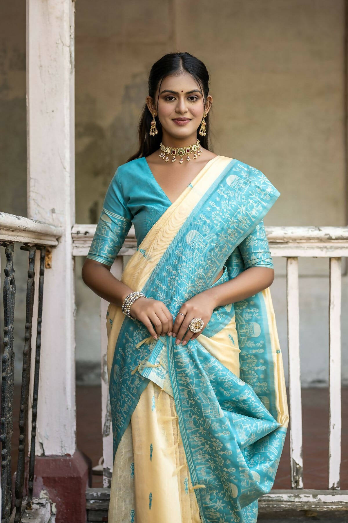 Vishnu Weaves Women's Firozi Handloom Raw Silk Woven Saree with Blouse - Distacart